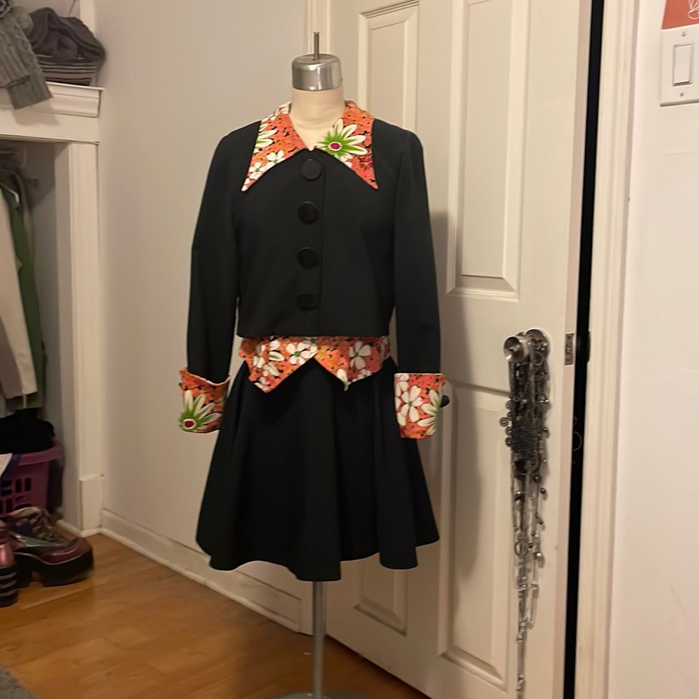 Black Suit, made with vintage 70’s fabric trim, & vintage 70’s fabric vest